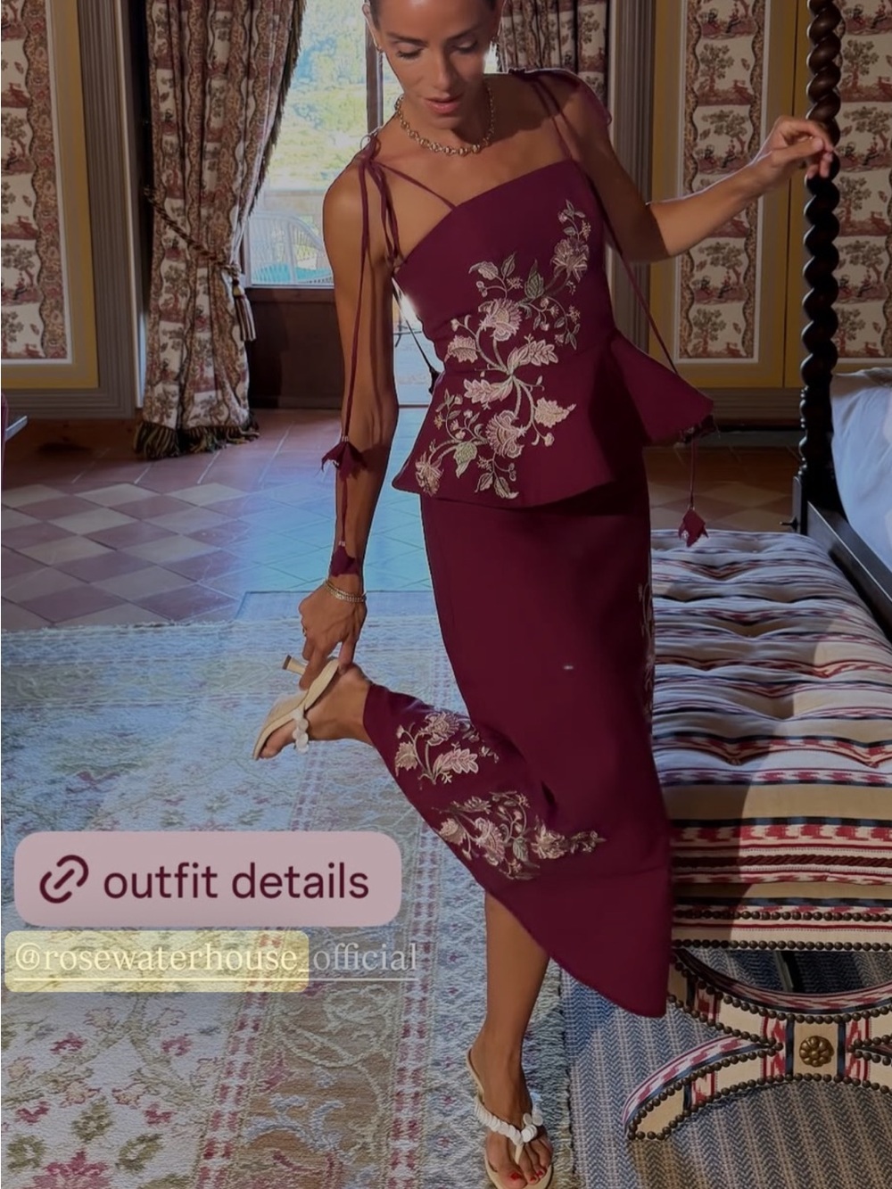 Rosewaterhouse Lily Burgundy Embroidered Midi top and skirt set